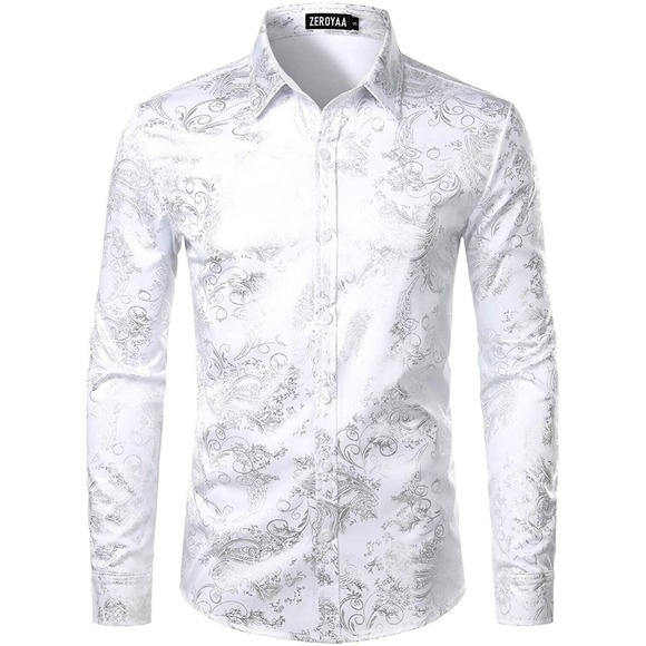 zeroyaa Other - NEW ZEROYAA Dress Shirt Button Down White Silver Paisley Print Hipster Men's S